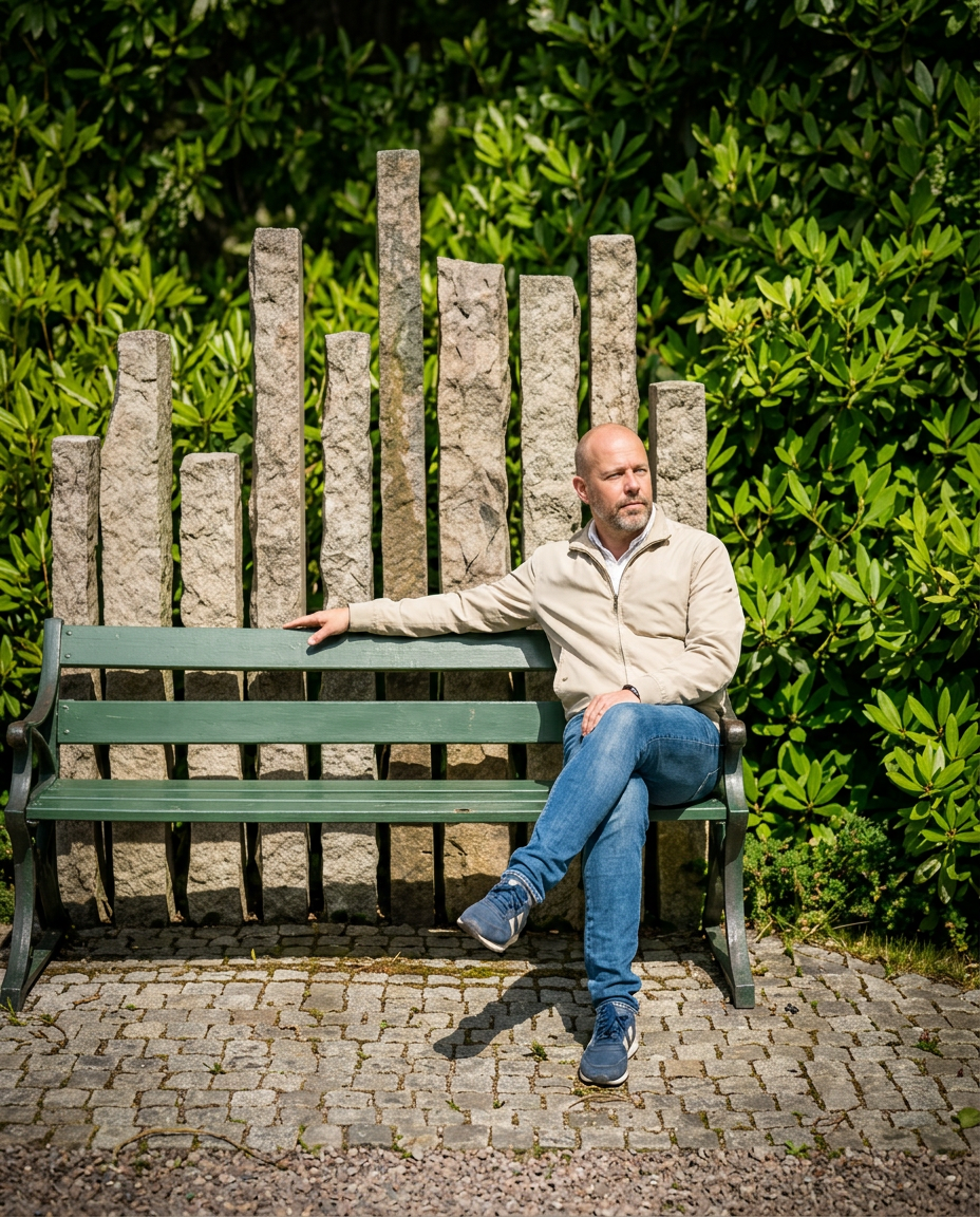 Fredrik Emilsson sitter på en grön bänk framför minnesstenar på Karlsro kyrkogård.